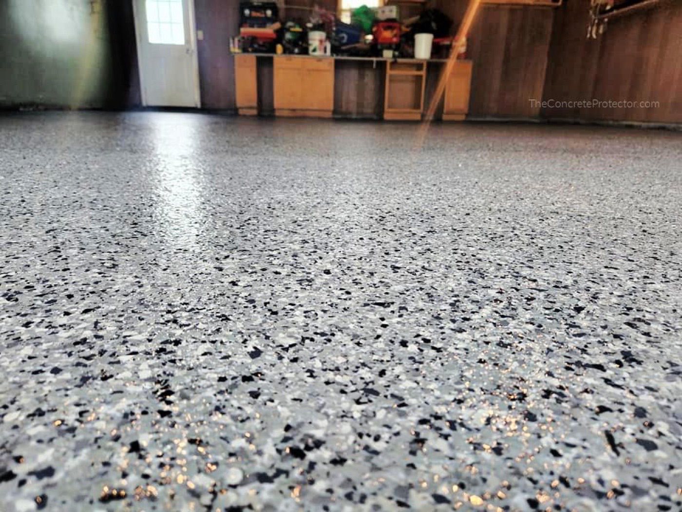 Garage interior with flake floor