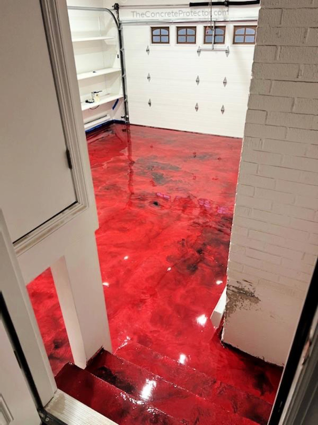 Red metallic epoxy hallway